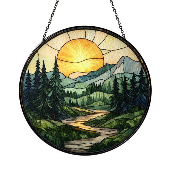Colorful Stained Glass Window Suncatcher Forest Landscape Pine Trees Sunset Panel, Nature Window Decor Glass Panel for Home Decoration, Indoor Wall Art Window Hanging, Decorative Sun Catcher Gift