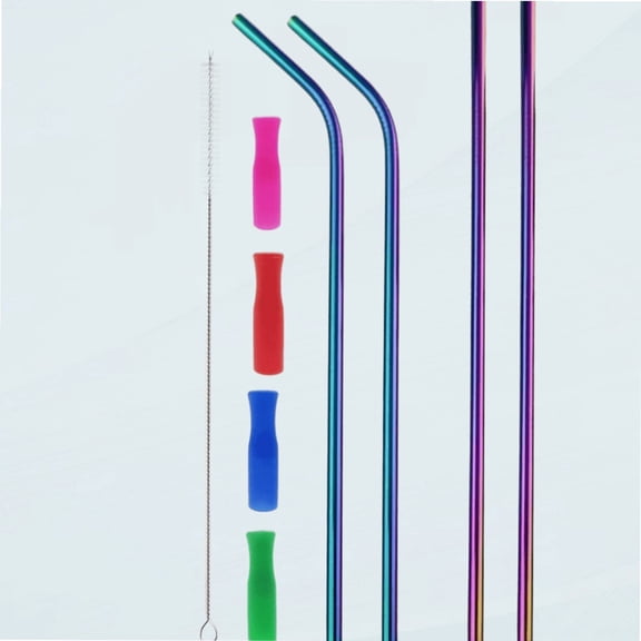 Colorful Stainless Steel Straws, 4pcs Ultra Long 12" Reusable Rainbow Color Drinking Straws with Silicone Tips and Cleaning Brush