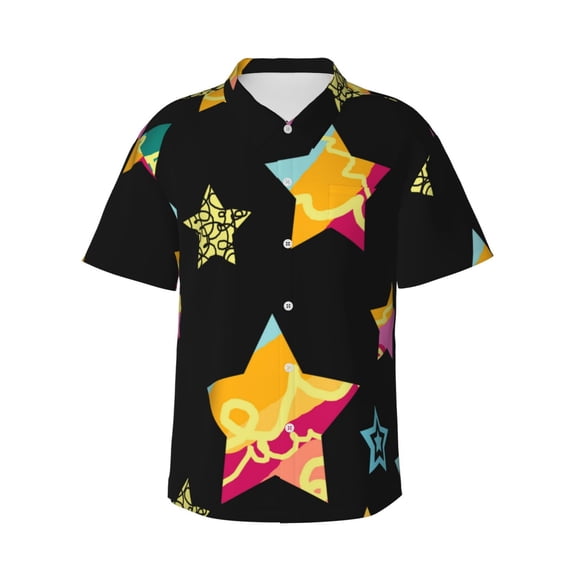 Colorful Star Backdrop Hawaiian Shirts For Men, Summer Short-Sleeve Relaxed-Fit Button-Down Shirts Medium