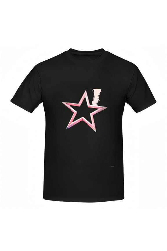 Colorful Star Design Cotton Short Sleeve T-Shirt for Women - Vibrant Gradient Star with Pink Outline on Black Background