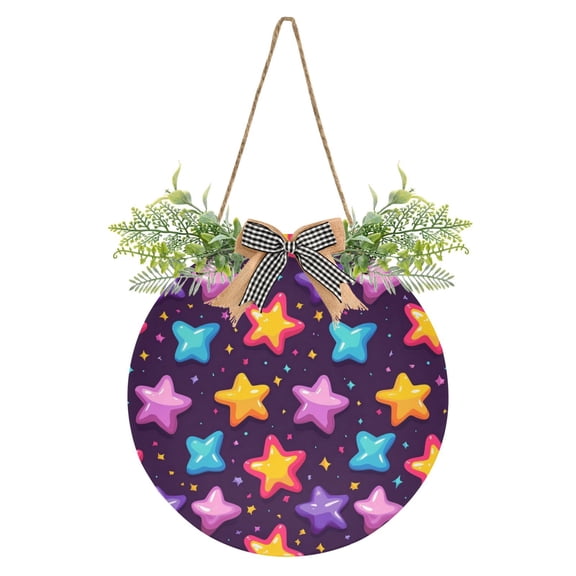Colorful Star Front Door Porch Decoration Hanging Sign with Artificial Green Plants and Bow for Home Outdoor Indoor