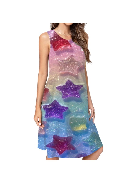 Colorful Star Pattern Background Casual Sleeveless Loose Sundress Dress For Women Summer Dress Daily Woman