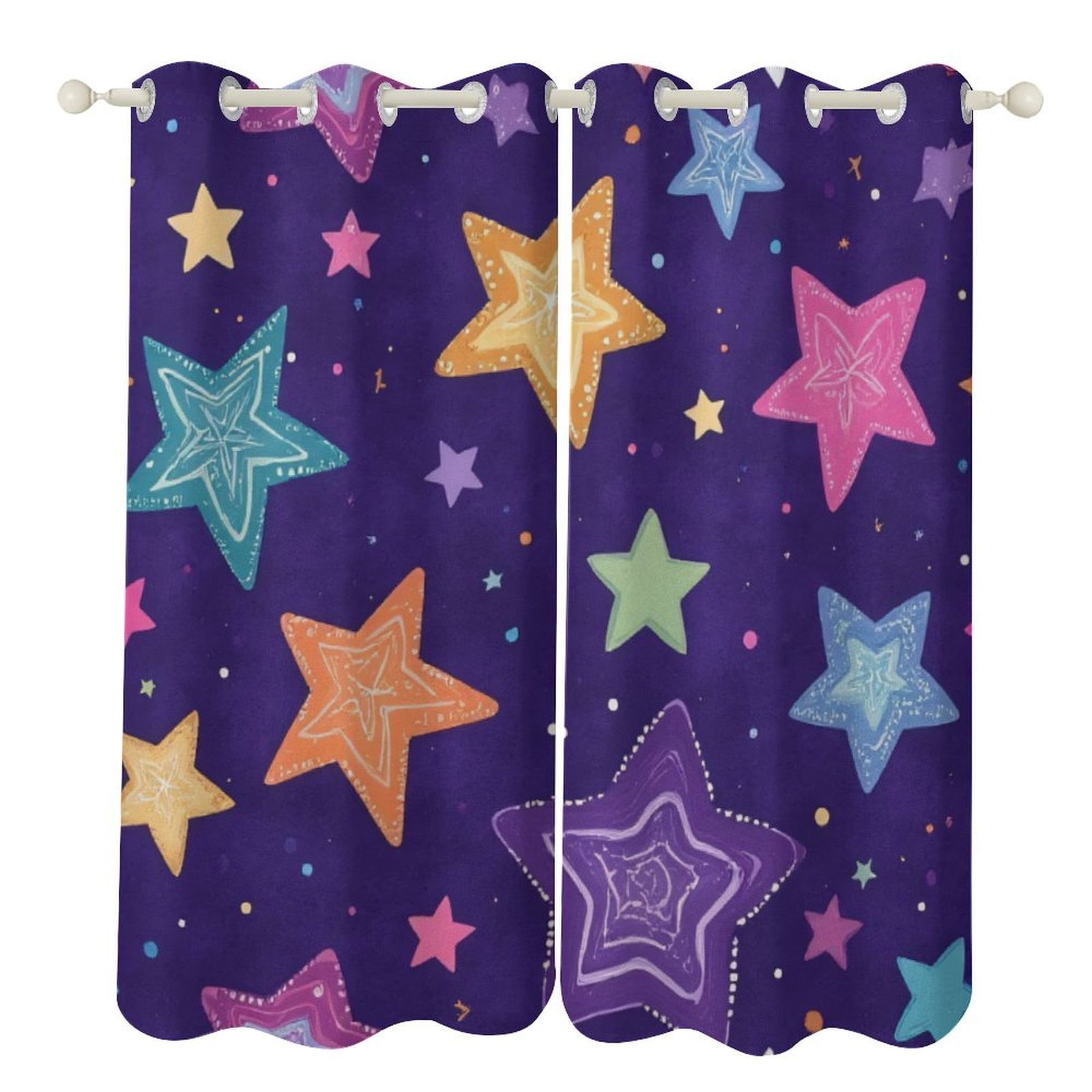 Picture of Colorful Star Pattern on Purple Background 2 Panels Curtains for ...