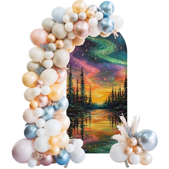 Colorful Star River Arch Backdrop Cover 4 FT Forest Pine Silhouettes River Path Stretchy Elastic Arch Stand Covers Spandex Arched Background Birthday Wedding Party Decoration (No Stand)