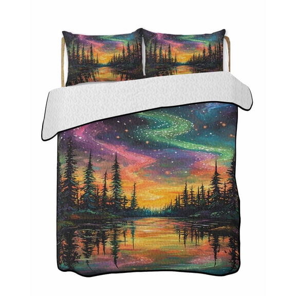 Colorful Star River Quilts Bedding Set Queen Size Forest Pine Silhouettes River Path Lightweight Quilted Bedspread 3 Piece Bed Quilt with 2 Pillow Shams All Season for Bedroom 78" x 90"