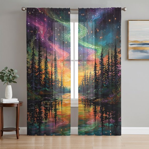 Colorful Star River Sheer Curtains for Living Room Bedroom, Forest Pine Silhouettes River Path Light Filtering Sheer Curtain Rod Pocket Voile Window Treaments Drapes, 52 x 108 Inches