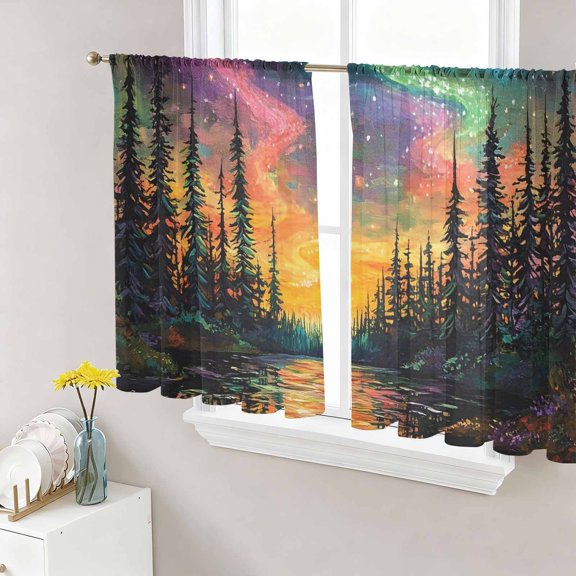 Colorful Star River Sheer Curtains for Living Room Bedroom, Forest Pine Silhouettes River Path Light Filtering Sheer Curtain Rod Pocket Voile Window Treaments Drapes, 52 x 45 Inches