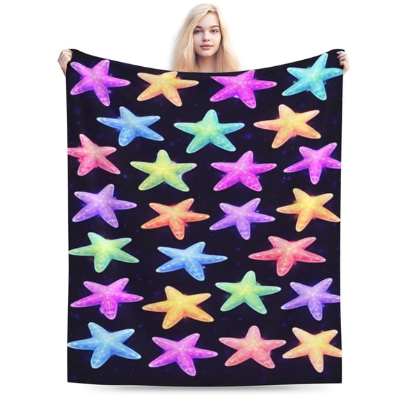 Colorful Starfish Ocean Blanket, Neon Coastal Beach Throw, Vibrant Sea Life Fleece Blanket for Summer Home Decor 50x40