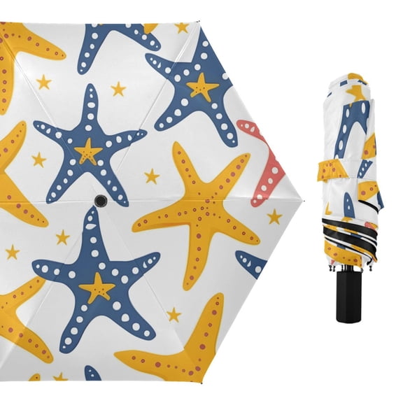 Colorful Starfishes Little Stars All Weather Umbrella Triple Folding Parasol 6 Ribs UV Protection Portable