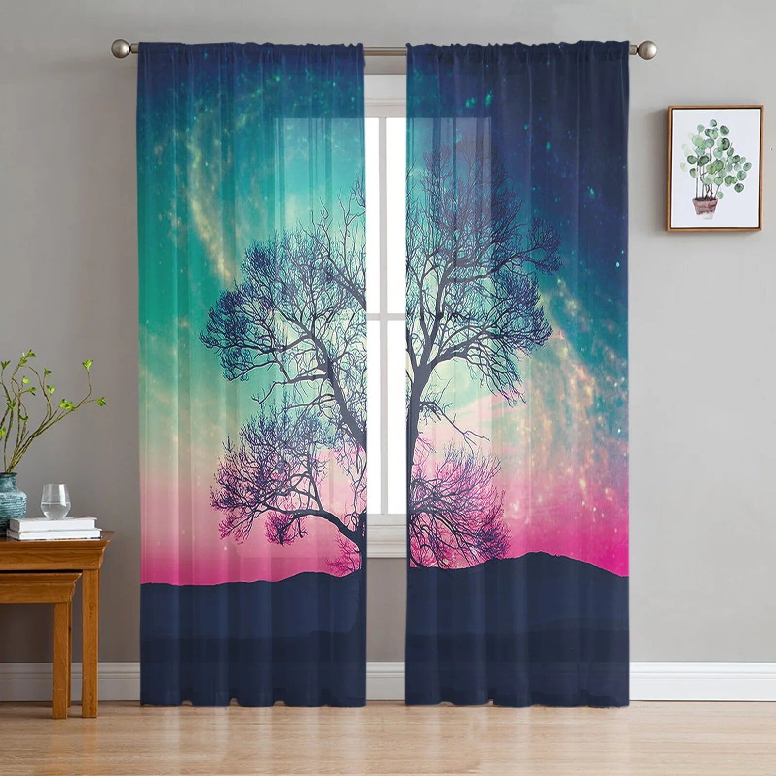 Colorful Starry Sky Trees Window Curtains Bedroom Modern Drape Sheer