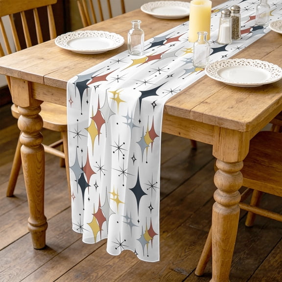 Colorful Stars 4.5ft Cheesecloth Table Runner for Dining 19"x55", Vintage Red Yellow Black Star Shiny Diamonds Kitchen Dinner Sheer Tulle Chiffon Dresser Scarf, Holiday Party Decorations