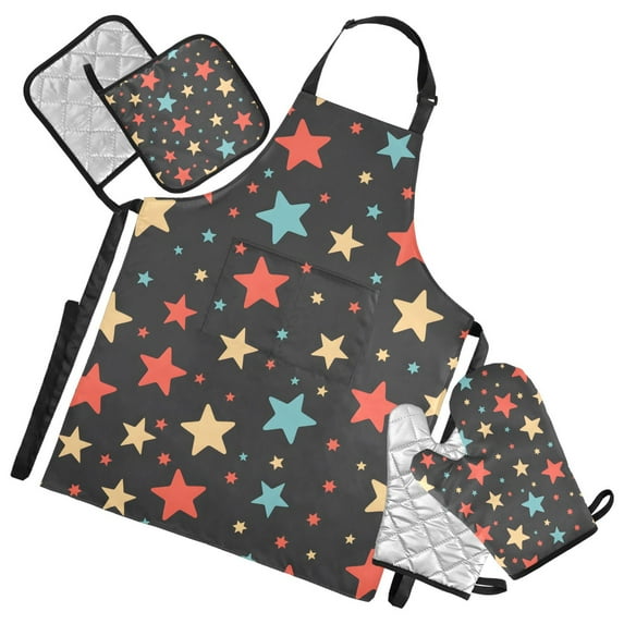 Colorful Stars 5 Pcs Kitchen Set Heat Resistant Oven Mitts and Non-Slip Pot Holders with Adjustable Cooking Apron