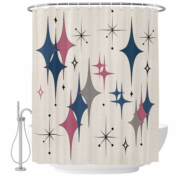 Colorful Stars Bathroom Shower Curtains with Hooks, Vintage Navy Blue Pink Grey Star Shiny Diamonds Linen Texture Waterproof Fabric Washable Shower Curtain for Home Hotel Bathtub Decor 36x72 Inch