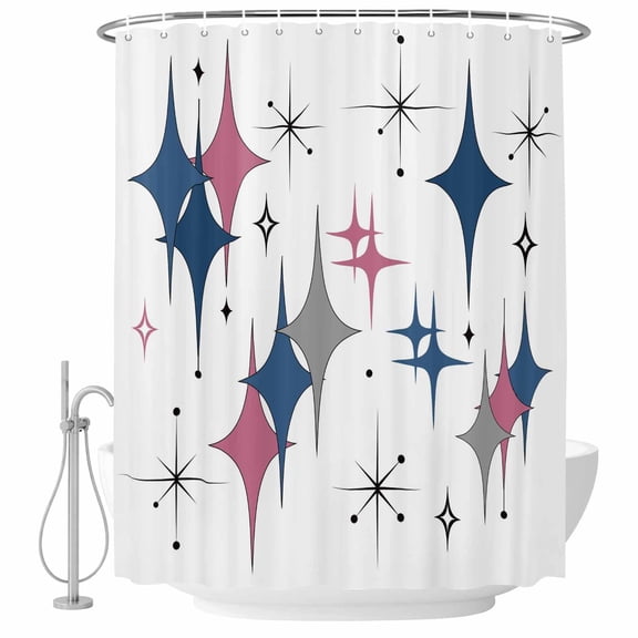 Colorful Stars Bathroom Shower Curtains with Hooks, Vintage Navy Blue Pink Grey Star Shiny Diamonds Waterproof Fabric Washable Shower Curtain for Home Hotel Bathtub Decor 36x72 Inch