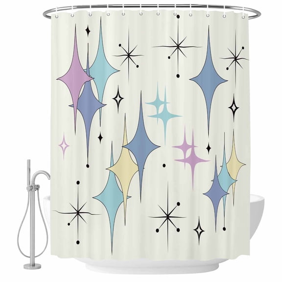 Colorful Stars Bathroom Shower Curtains with Hooks, Vintage Pink Teal Blue Star Shiny Diamonds Linen Texture Waterproof Fabric Washable Shower Curtain for Home Hotel Bathtub Decor 36x72 Inch
