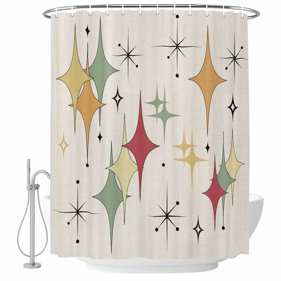 Colorful Stars Bathroom Shower Curtains with Hooks, Vintage Red Green Yellow Star Shiny Diamonds Linen Texture Waterproof Fabric Washable Shower Curtain for Home Hotel Bathtub Decor 36x72 Inch