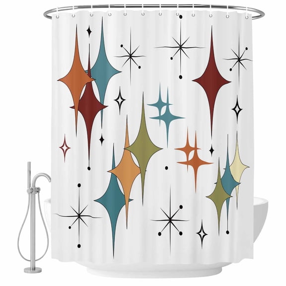 Colorful Stars Bathroom Shower Curtains with Hooks, Vintage Red Orange Blue Green Star Shiny Diamonds Waterproof Fabric Washable Shower Curtain for Home Hotel Bathtub Decor 36x72 Inch