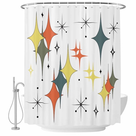 Colorful Stars Bathroom Shower Curtains with Hooks, Vintage Yellow Orange Green Star Shiny Diamonds Waterproof Fabric Washable Shower Curtain for Home Hotel Bathtub Decor 36x72 Inch