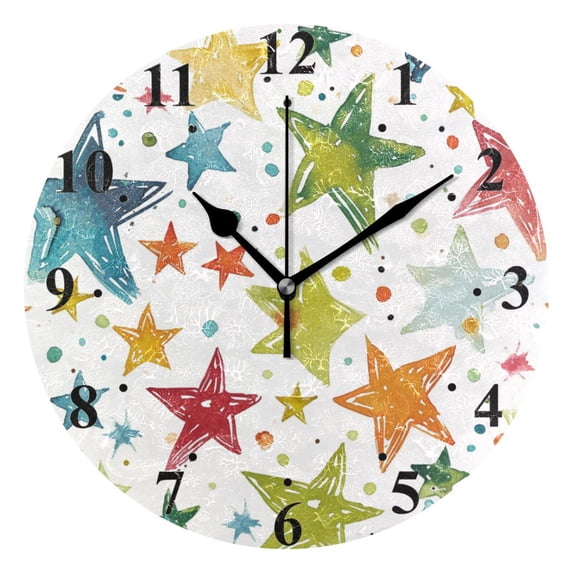 Colorful Stars Black 10 inch Wall Clocks Non Ticking Easy to Read Battery Decorative for Home Bathroom Kitchen Bedroom Living Room