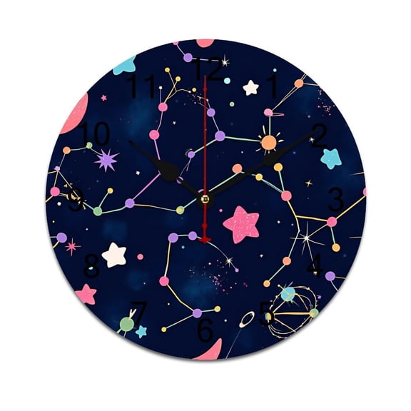 Colorful Stars Clouds And Moon Printed Silent Wall Clock Round Kitchen Clock Chic Quiet Desk Clock For Living Room