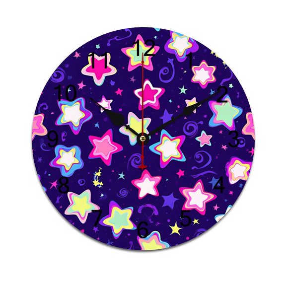 Colorful Stars Clouds And Moon Printed Silent Wall Clock Round Kitchen Clock Chic Quiet Desk Clock For Living Room