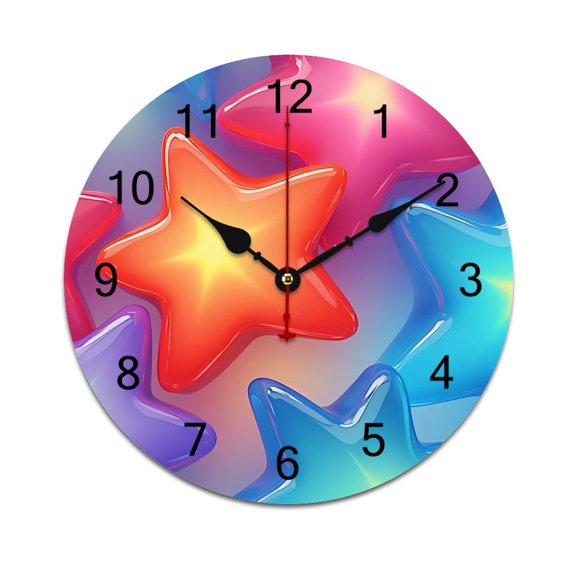 Colorful Stars Clouds And Moon Printed Silent Wall Clock Round Kitchen Clock Chic Quiet Desk Clock For Living Room