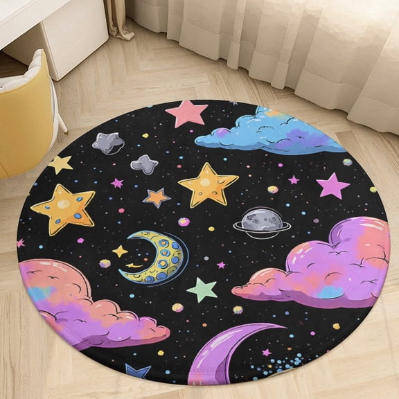 Colorful Stars Clouds And Moon Round Area Rugs for Bedroom Living Room, 6FT Soft Indoor Circle Carpets, Carpet Home Decor Floor Mat