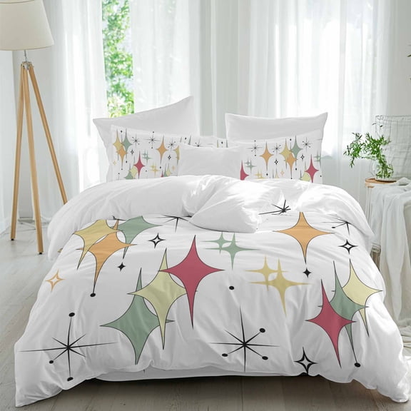 Colorful Stars Duvet Cover Set King Size, Vintage Red Green Yellow Star Shiny Diamonds 4 Piece Soft Microfiber Bedding Set with 1 Duvet Cover, 1 Flat Sheet, 2 Pillowcases