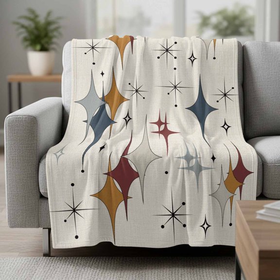 Colorful Stars Fleece Throw Blanket Vintage Grey Yellow Red Star Shiny Diamonds Linen Texture Ultra Soft Fuzzy Cozy Flannel Throw Blanket for Couch Sofa Bed Car Travel, Ideal Gifts 30x40 Inches