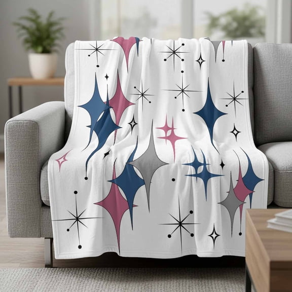 Colorful Stars Fleece Throw Blanket Vintage Navy Blue Pink Grey Star Shiny Diamonds Ultra Soft Fuzzy Cozy Flannel Throw Blanket for Couch Sofa Bed Car Travel, Ideal Gifts 30x40 Inches