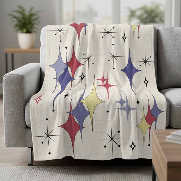 Colorful Stars Fleece Throw Blanket Vintage Purple Yellow Red Star Shiny Diamonds Linen Texture Ultra Soft Fuzzy Cozy Flannel Throw Blanket for Couch Sofa Bed Car Travel, Ideal Gifts 40x50 Inches