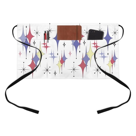 Colorful Stars Half Waist Apron Vintage Purple Yellow Red Star Shiny Diamonds Short Waiter Aprons with 3 Pockets for Women Men Kitchen Restaurant Cooking