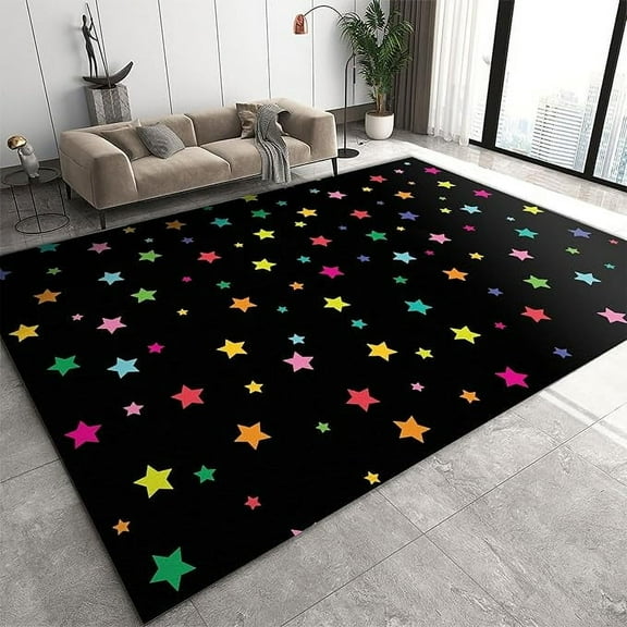 Colorful Stars Kids Rugs, Black Printed Area Rugs Living Room Rug, Non Slip Washable Low Pile Playing Mat For Bedroom Hallway Bathroom Classroom 2' x 3'
