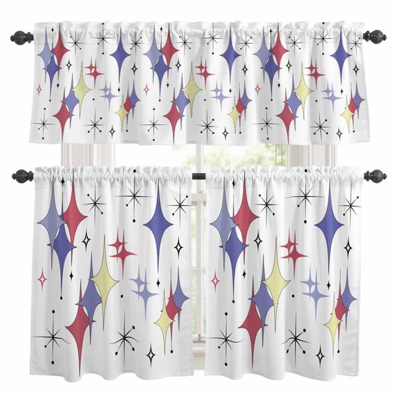 Colorful Stars Kitchen Curtains Valances and Tiers Set of 3 Vintage Purple Yellow Red Star Shiny Diamonds Tier Curtains and Valance with Rod Pocket for Small Windows, 27.5"x36"