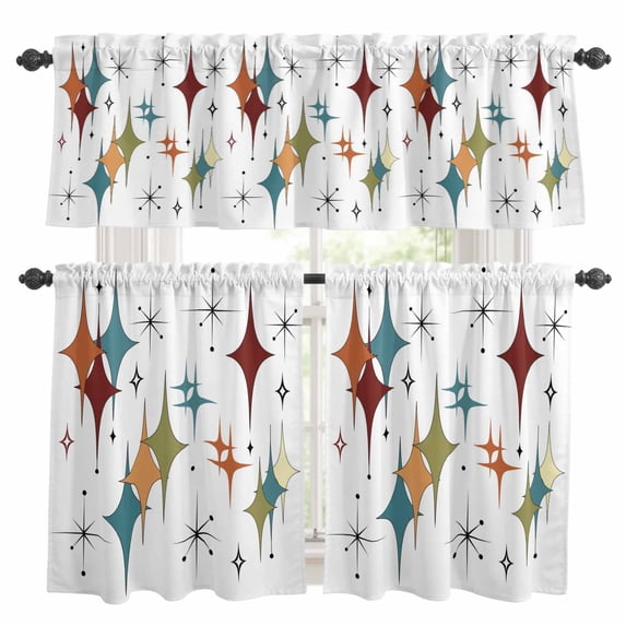 Colorful Stars Kitchen Curtains Valances and Tiers Set of 3 Vintage Red Orange Blue Green Star Shiny Diamonds Tier Curtains and Valance with Rod Pocket for Small Windows, 27.5"x24"