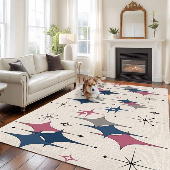 Colorful Stars Large Area Rugs 5x8 ft Vintage Navy Blue Pink Grey Star Shiny Diamonds Linen Texture Washable Rug Non Slip Indoor Carpet Absorbent Floor Mat for Living Room Bedroom Dining Room