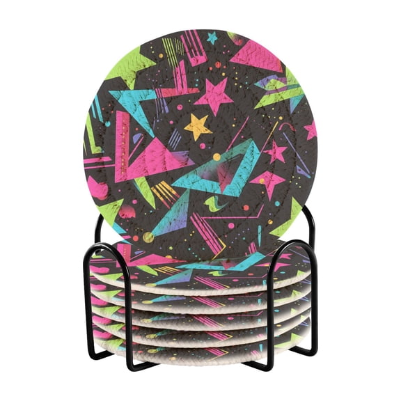 Colorful Stars Pattern 4in Bar Coasters Set of 6 with Storage Rack Durable Heat Resistant