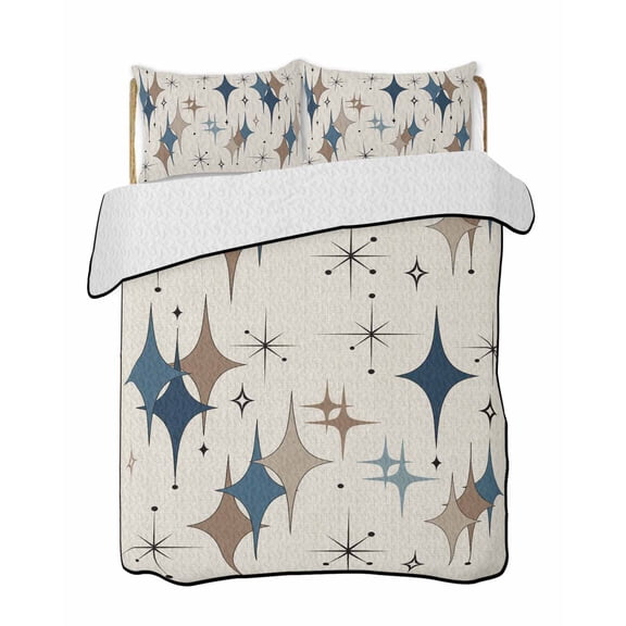 Colorful Stars Quilts Bedding Set King Size Vintage Blue Khaki Brown Star Shiny Diamonds Linen Texture Lightweight Quilted Bedspread 3 Piece Bed Quilt with 2 Pillow Shams for Bedroom 90" x 96"