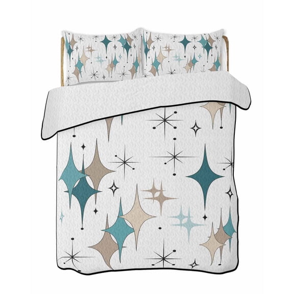Colorful Stars Quilts Bedding Set King Size Vintage Green Khaki Brown Star Shiny Diamonds Lightweight Quilted Bedspread 3 Piece Bed Quilt with 2 Pillow Shams All Season for Bedroom 90" x 96"