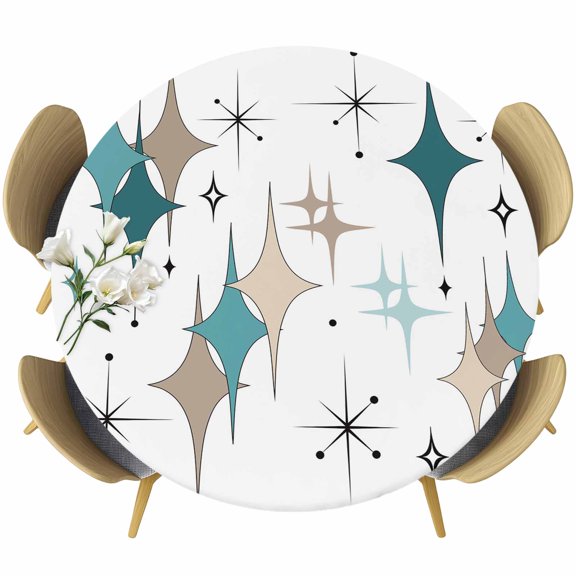 Colorful Stars Round Fitted Tablecloth with Elastic Edge, Vintage Green Khaki Brown Star Shiny Diamonds Stretch Table Covers for 55"-60" Tables Wipeable Table Cloth for Outdoor