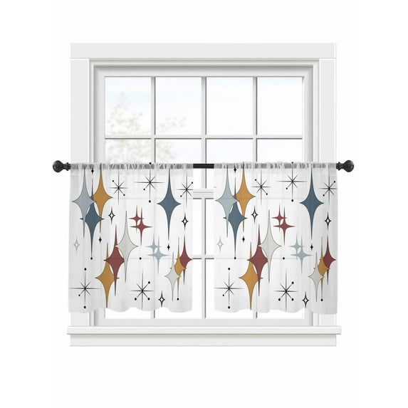 Colorful Stars Sheer Curtains 2 Panels Set Vintage Grey Yellow Red Star Shiny Diamonds Sheer Window Curtains Light Filtering Rod Pocket Voile Drapes for Bedroom Living Room 52"x45"