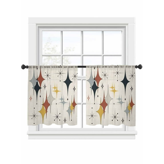 Colorful Stars Sheer Curtains for Living Room Bedroom, Vintage Red Yellow Black Star Shiny Diamonds Linen Texture Light Filtering Sheer Curtains, Rod Pocket Voile Window Drapes, 2 Panels Set 54"x 45"