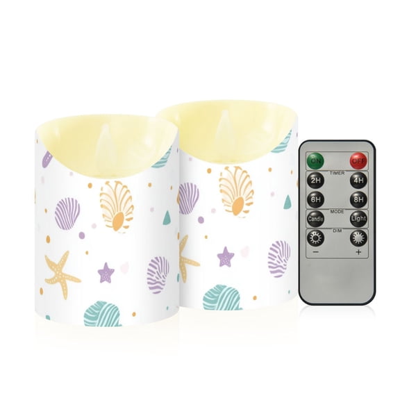 Colorful Stars Shells and Dots Flickering Flameless Candles with Remote Timer Battery Operated LED Tealight Set of 2 S