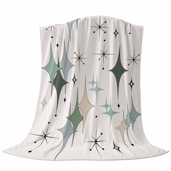 Colorful Stars Throw Flannel Blanket Vintage Green Teal Light Blue Star Shiny Diamonds Linen Texture Super Soft Cozy Bed Blanket, Lightweight Plush Fuzzy Bed Throw for Bedroom Sofa Couch 50x60In,