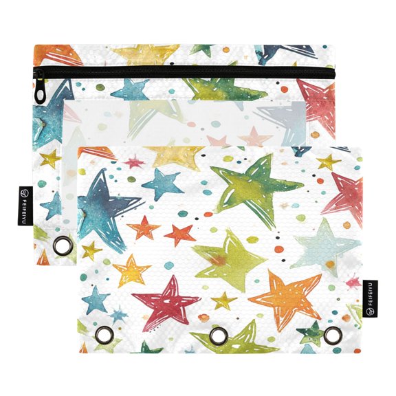 Colorful Stars and Dots Binder Pouches Zipper Pocket Document Storage 3 Rings 2 Packs A5 Size