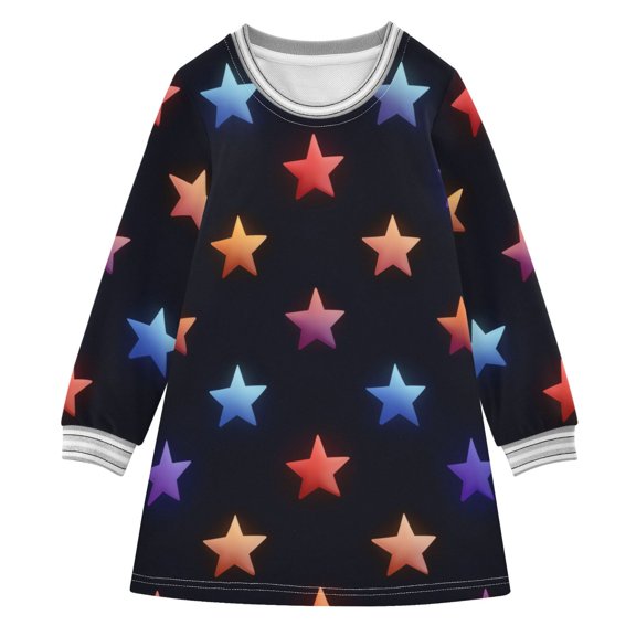 Colorful Stars on Black Background Long-sleeved Dress A-line One-Piece Dress for 2-8 Years Casual Party 4T