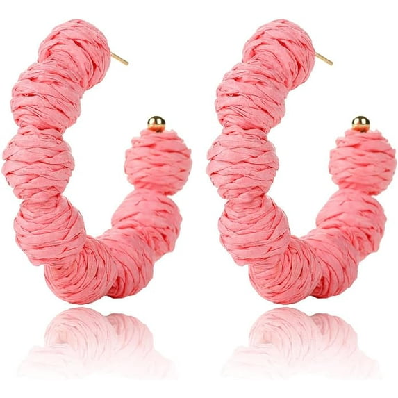 Colorful Statement Raffia Hoop Dangle Earrings for Women - Boho Circle Beaded Earrings - Fun Summer Rattan Beach Vacation Jewelry Teacher Gifts