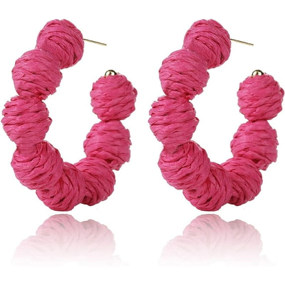 Colorful Statement Raffia Hoop Dangle Earrings for Women - Boho Circle Beaded Earrings - Fun Summer Rattan Beach Vacation Jewelry Teacher Gifts