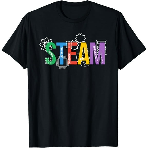 Colorful Steam Letters For Steam Program Teacher And Student T-Shirt men and women can wear, black, white, gifts