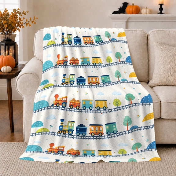 Colorful Steam Train Rows in Whimsical Cartoon Style for Train Kids, Track Hill Cloud Scene, Cozy Flannel Blanket for Nursery and Playroom, Birthday Gift, Train Home Decor